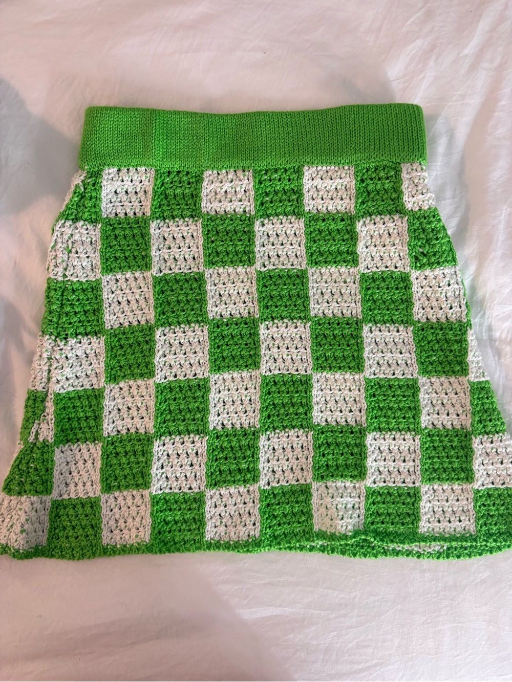 Frankie's Bikinis Green and White Crochet Checkered A-Line Skirt